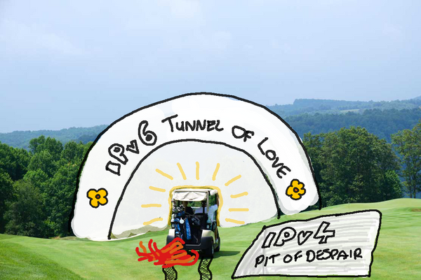A golf cart drives off into an IPv6 banner